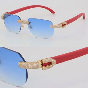 Novo Designer Micro-pavimentado Diamante Sunless Metal Sunglasses Vermelho Madeira Quadrado Sul Óculos de Sol Luxo Design Clássico Modelo Clássico Vidros 18K Frame de Ouro SIZ: 57-18-140mm