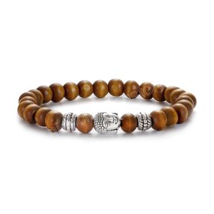 8mm Natürliche Holzperlen Gebet Buddha Männer Und Frauen Armbänder Perlen Elastische Buddha Statue Legierung Armband Schmuck