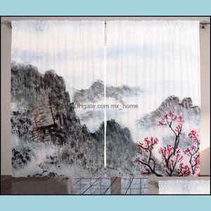 Asiatiska gardiner Traditionell Kinesisk Målning Landskap Sakura Cherry Tree Cloudy Mountains Vardagsrum Sovrum Fönster Drapes Drop Leverans 20