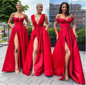 Sexy High Side Slit Red Bridesmaid Dresses Square Collar Spaghetti Strap Pocket A Line Women Satin Long Wedding Party Dress Vestidos Sashes 403