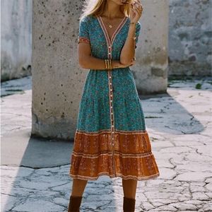 İlkbahar Yaz Boho Strap Çiçek Baskı Elbise Uzun Bel V ​​yaka Tek Brezili Tatil Midi Elbise Kadın 220514