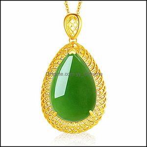 Подвесные ожерелья нефритовое ожерелье натуральное гетиан зеленое овальное ретро -ретро -уникальное золото