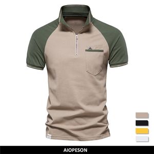 Aiopeson Polos Men Cotton Patchwork con cerniera corta manica estiva maschile polos model social brand brand shirts per uomini 220704