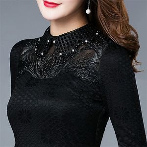 Women Spring Autumn Style Lace Bluses Shirts Lady Casual Long Sleeve Stand Collar Lace Blusa Tops 210302