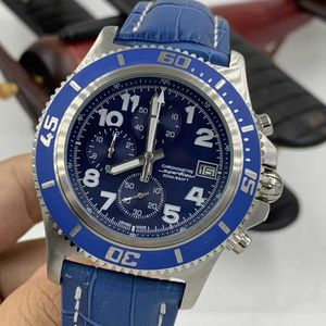 Blue Dial Luminous Mens Watches Quartz Chronograph Chronometer 46 Titta på läderbandsurmärke med arbetande underdialer