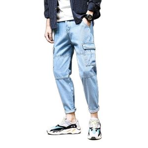 Erkek pantolon toptan 2022 moda denim rahat takım kot erkekler gevşek çok cep ayakları kiriş Kore markası bahar yaz pantolonmenleri