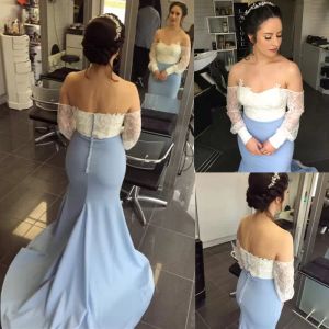 Elfenbeinblau Brautjungfer Kleider Meerjungfrau von der Schulter Langarmer Spitze Sweep -Zug Plusgröße Mädchen der Ehrenkleid Country Strand Hochzeit formaler Abend 403