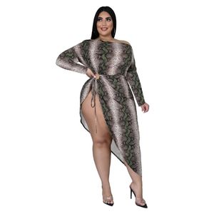 Plus Size Dresses Asymmetry Snakesskin Printed Maxi för kvinnor från axeln långärmad sexig kjol Autumn Clothing 3xl 4xl
