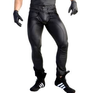 Sexy Men Faux Leather Zipper Open Crotch Erotic Latex Pants PU Night Club Straps Trousers Gothic Punk Fetish Wear 220719