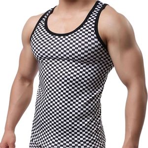 남성 운동 슬림 탱크 탑 핏 캐주얼 격자 무늬 보디 빌딩 셔츠 근육 남자 스웨트 조끼 조깅하는 소매가 패션 탑 티 220530