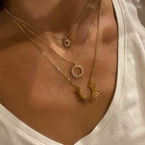 Pendant Necklaces 2 Pcs /Set Flame Sun Necklace For Women Choker Gold Stainless Steel Sunflower Goth Jewelry Collar Ethnic GiftPendant Elle2