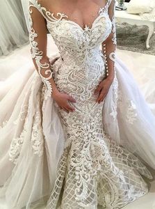 2022 Sheer Long Sleeves Lace Mermaid Wedding Dresses Tulle Applique Beaded Sweep Train Arabic Wedding Bridal Gowns BC0305