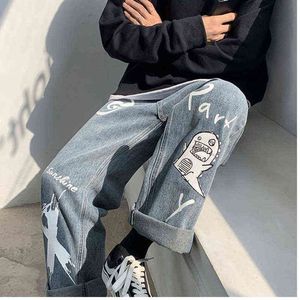 Korean Style Men Jeans Pants Cartoon Dinosaur Graffiti Streetwear Hip Hop Men's Cargo Oversized Denim Trousers Black Overalls G0104