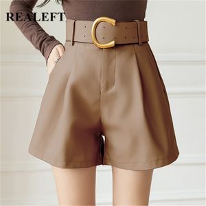 REALEFT Women's PU Leather Shorts With Belt Winter Stylish Pockets Ladies Elegant Solid Casual Trousers Female 220509