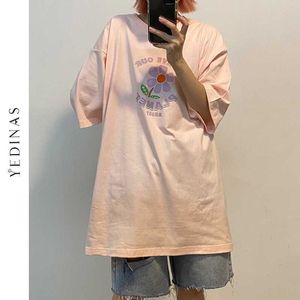 Yedinas Women Sunflower Printed Tshirt Vintage Casual Aesthetic Shirt Female EE Fashion Chic Korean Style Overized 210527
