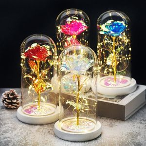 Decorative Flowers Wreaths Artificial Rose In LED Glass Dome Forever Gift To Girlfriend Valentines Day Wedding Decoration