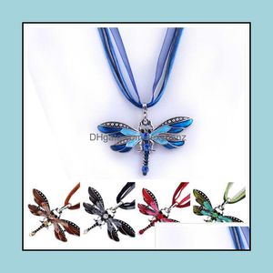 Colares pendentes pingentes j￳ias Novo estilo 6 cores coloras de esmalte vintage Dragonfly Crystal Organza String Colar Fashion Ship Drop Deliver