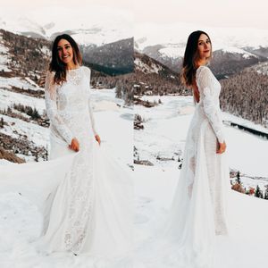 Abito da sposa Boho sexy aperto sul retro in pizzo modello applicazioni in pizzo una linea abiti da sposa lunghi manica intera 2022 autunno inverno abiti da sposa in chiffon corte strascico veste