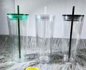 DIY 24oz Clear Plastic Tumblers Flat Lid Acrylic Water Bottles with Straw Double Walled Portable Office Coffee Mug Reusable Transparent Solid Drinking Cups 826