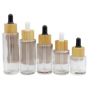 Bamboo Wood Ring Transparent Flat Shouder Glass Packaging Bottle Empty Portable Cosmetic Dropper Essential Oil Vials 20ml 30ml 40ml 50ml 60ml