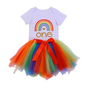 Citgeett Summer Baby Girls Birthday Clothing Set Letter Romper toppar färgglada spetskjolar pannband 3 -stycken kläder J220711