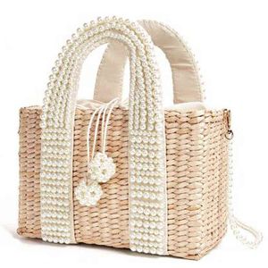 Ny kvinnors väska med Pearl Ladies Tote Crossbody Handväskor Handgjorda halmkorg Messenger Väska för Vacation Banket Life G220531