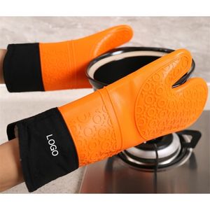 Wholesale long heat resistant gloves resale online - Silicone Heat Resistant Gloves Household Long Cotton Microwave Mittens Oven Kitchen Baking Glove Cooking Barbecue Gants