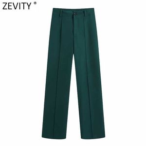 Zevity Women Chic Fashion Side Pockets Straight Pants Office Wear Vintage High midjextlås Kvinnliga byxor Mujer P1016 210603