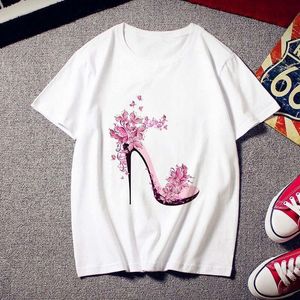 Women's T-Shirt WVIOCE Cute Pink High Heels Print Women T Shirt Summer Casual Short Sleeve Ladies White Tshirt Tops Fashion O Neck Tees