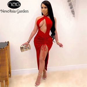 Asien Halter Rotes Kleid Ausschnitt Rückenfrei Kordelzug Split Slim Fit Maxikleider für Frauen Sommer Robe Sexy Party Casual Vestido 220507