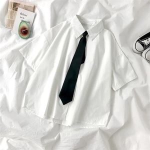 EBAIHUI Białe koszule Kobiety z krawatem w stylu japońskim studenci Preppy BF Prosty solidny Summer Top Daily Streetwear 220513