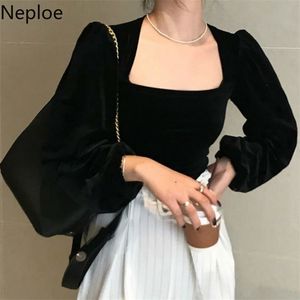 NAPOE Retro Altın Velet Kare Yaka Puf Uzun Kollu Kısa T Gömlek Katı Slim Fit Mizaç Sonbahar Bahar Tee 220328