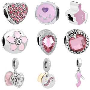 Adatta a Pandora Braccialetti originali 20pcs Silver Charms perle smalto rosa cinque petali Flower High Heal Shoe Silver Charms perla per donne Fai -te European Collana gioielli