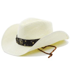 Basit kovboy şapkası erkekler geniş ağzına kadar fedora şapkaları kemer dekorasyon plaj saman güneş şapkası erkekler için UV koruma kapağı chapeau femme