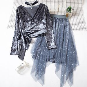 Work Dresses Women's Sets Retro Suit Female Gold Velvet Straps Jacket Sequins Irregular Mesh Half Skirt Bib Three-piece SetWork