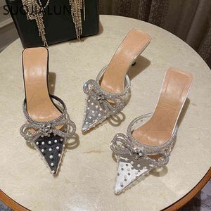 Suojialun nieuwe lente vrouwen terlik bling kristal boog knoop puntschoen slip muilezels schoenen dunne hoge hak dames sandaal schoen 220509