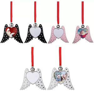Sublimation Angel Wings Ornament Heat Printing Christmas Christmas Trasfer Transfer Metal Penderts con Red Ribbon Regalo personalizzato 0810
