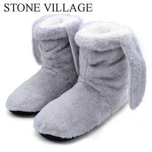 Stone Village Winter Women Miękkie pluszowe ciepłe kapcie domowe Śliczne ucha drewniane drewniane podłogę buty Y201026 GAI GAI GAI