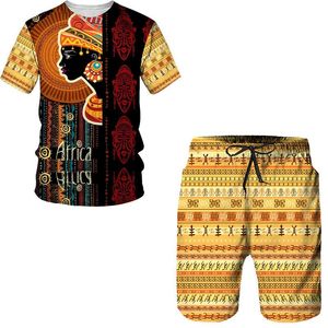 Men's Tracksuits Summer 2-piece Set 2022 3D Print African Tshirt For Men Shorts Suits Vintage Clothes T Shirt Outfits Conjunto MasculinoMen'