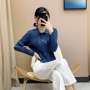 Women's Blouses & Shirts Blusas Mujer De Moda 2022 Female Dark Blue Denim Color Long/Short Sleeve Summer Pleated Blouse Women's Vintage