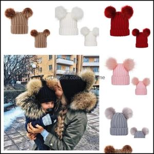 With 2 Pom Balls Crochet Beanies Ribbed Knit Womens Winter Hat 0-3 Years Infants Baby Kids Toddler Skl Caps Tuque Girls Headwear Drop Delive