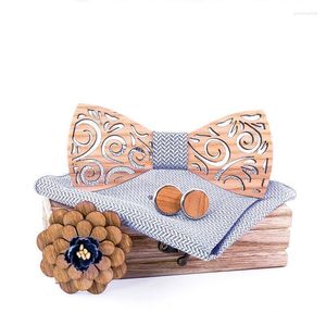Bow Ties Sitonjwly Leisure Wooden Handkerchief Cufflink Brooch Sets For Mens Business Handmde Wood Bowties Gravatas SetBow Emel22