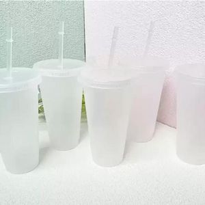 24oz Clear Cup Plastic Mugs Transparent Tumbler Summer Reusable Cold Drinking Coffee Juice Mug with Lid and Straw FY5305 B0809
