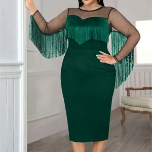 Black Dresses Plus Size 4XL Long See Through Sleeve Mesh Tassel Patchwork Cocktail Evening Party Gowns Outfits Fringe Dress 220527