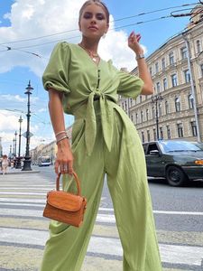 Tossy Summer French Women's Blouse Set V-hals Kort ärmskjorta Topp och breda benbyxor Set Green Casual Fashion Outwears 220511