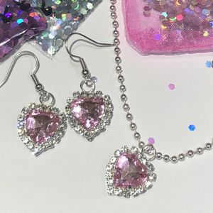 Anhänger Halsketten Mädchen Hip-Hop Strass-Herz-Halskette Harajuku Vintage Pink und Ohrringe für Frauen Schmuck Ins Geschenkpendant