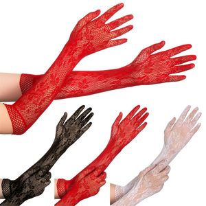 Five Fingers Gloves Ladies Sexy Mesh Stretchy Floral Bride Long Lace Liturgy Gothic Punk Mittens Fancy Dress Christmas Halloween