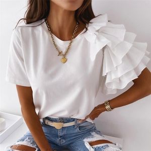 Blusa da moda Mulheres elegantes brancos de cor sólida com camadas de camada curta Manga curta Top de camiseta solta para mulheres Bloups 220629