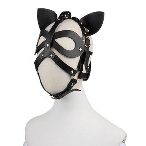 Adult Anime Cosplay Harness Bondage Head Hood Cat Ears Leather Mask for Face Women Men Couples Accessories Sex Toys Black Red 220711