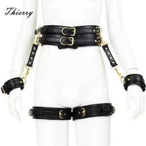 Thierry 4 st/set pu läder handbojor ben manschetter midjebältet bondage restraints set, bdsm sexiga leksaker för par vuxna spel